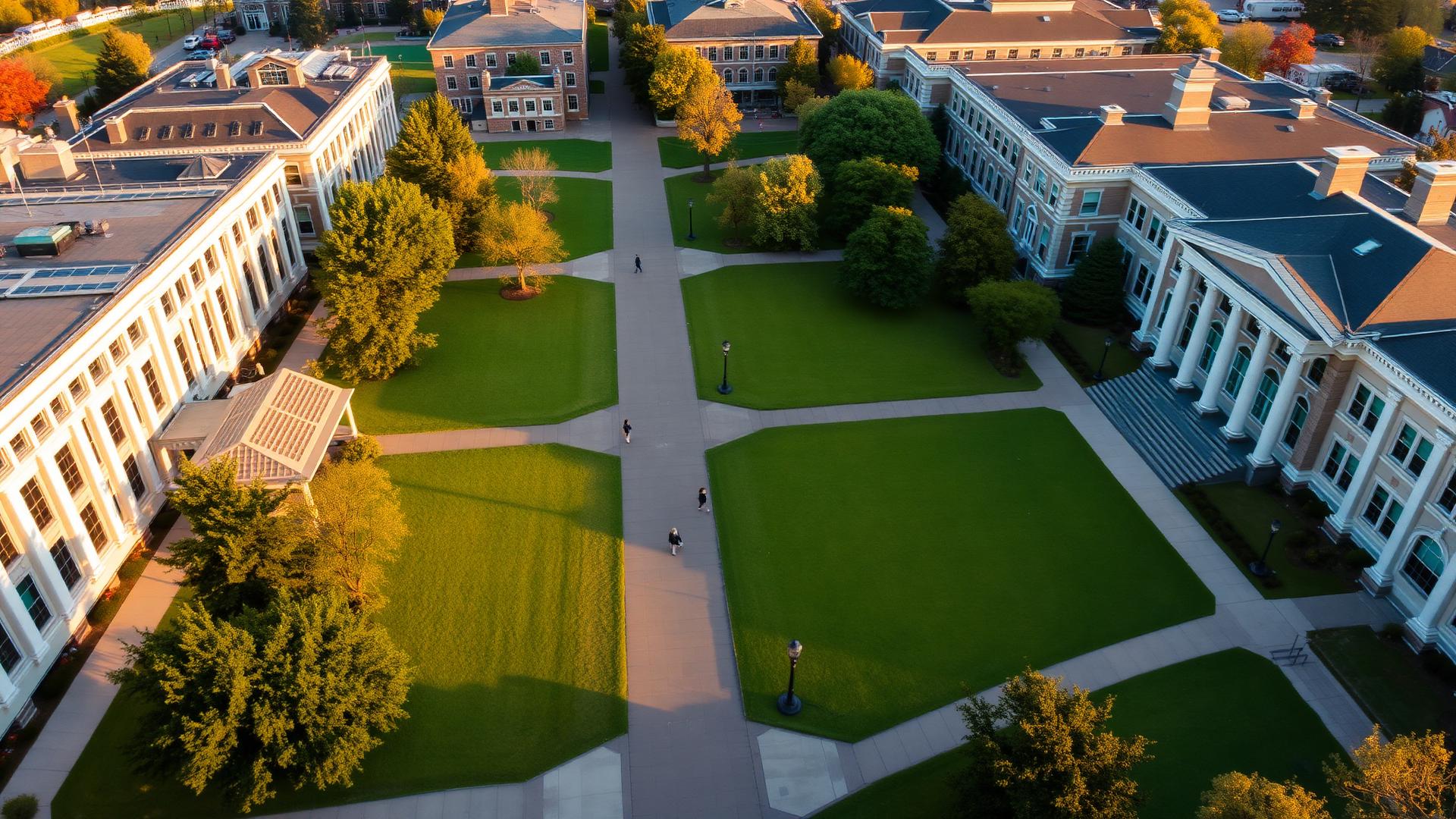 Students walking across a university campus quad on a bright day